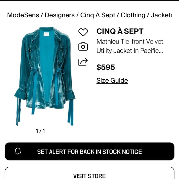 cinq a' sept Mathieu Tie-front Velvet
Utility Jacket In Pacific Turquoise NWOT - Picture 2 of 9